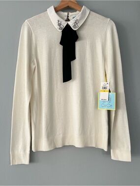 NWT CeCe Ivory White Sweater with Jeweled Rhinestone Collar and Black Bow Tie